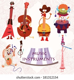 Music Instruments with rabbit: Guitar, contrabass, drums, flute, and banjo. Cute vector set for party.(All objects are isolated groups so you can move and separate them)