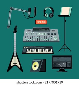 music instruments. record studio sound devices accessories rock guitar microphone recorder speakers amplifier synthesizer. Vector music templates