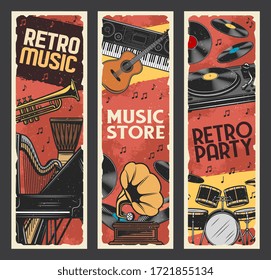 Music instruments retro banners, music store, live concert festival. Musical party instruments, vinyl record gramophone, classic piano and orchestra harp, saxophone, African jembe drums and trumpet