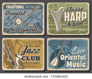 Music instruments retro posters, jazz festival and saxophone band live concert, vector. Orchestra and symphonic harp musical school, Asian and Oriental traditional folk music instruments store