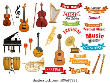 Instrumentos musicales. Cintas, etiquetas, emblemas para el festival musical, diseño de conciertos en vivo. Iconos vectoriales de cuerdas musicales e instrumentos del viento violín, guitarra, arpa, cimbales, saxofón