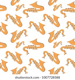 Music instruments seamless background. Saxophone style.