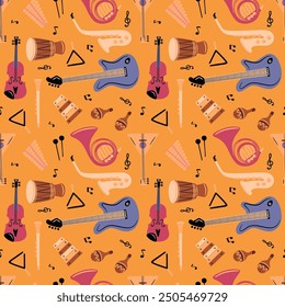 Music instruments seamless pattern. Acoustic and electrical musical tools. Repeated print. Orchestra melody notes and keys. Musicians drum. Guitar or cello. Garish vector