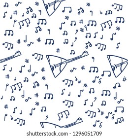 Music instruments seamless pattern background. Vector balalaika. Vector cartoon musical instruments, notes. Music Instruments Objects, Line Design, Festival, Event, Live, Concert.