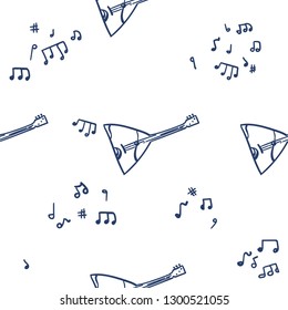 Music instruments seamless pattern background. Vector balalaika. Vector cartoon musical instruments, notes. Music Instruments Objects, Line Design, Festival, Event, Live, Concert.