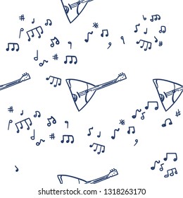 Music instruments seamless pattern background. Vector balalaika. Vector cartoon musical instruments, notes. Music Instruments Objects, Line Design, Festival, Event, Live, Concert.