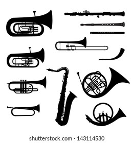 Music instruments set. Brass musical instrument silhouettes on white background.