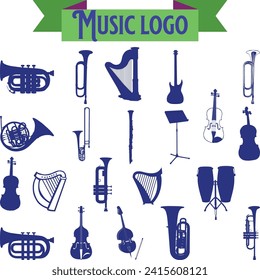 Music instruments set. Brass musical instrument silhouettes on white background.