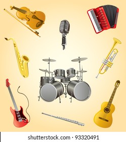 Music instruments set cartoon vector illustration