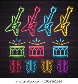 Music Instruments Set Different Colour Neon Light Glowing Illustration