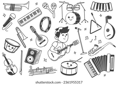 Music instruments set in flat line design. This captivating flat design illustration set highlighting a medley of musical instruments: guitars, piano, etc. Vector illustration.