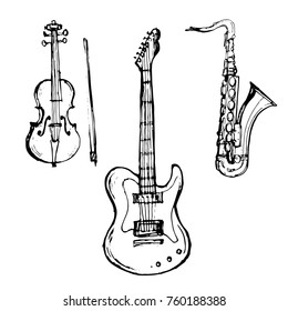 Music instruments set Guitar, Violin, Saxophone outline hand drawn sketch line art isolated on white background stock vector illustration for coloring book page