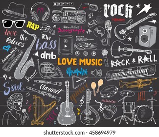 Music Instruments Set. Hand Drawn Sketch, Vector Illustration On Chalkboard