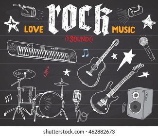 Music Instruments Set. Hand Drawn Sketch, Vector Illustration On Chalkboard