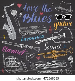 Music Instruments Set. Hand Drawn Sketch, Vector Illustration On Chalkboard