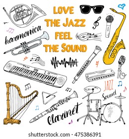 Music Instruments Set. Hand Drawn Sketch, Vector Illustration Isolated