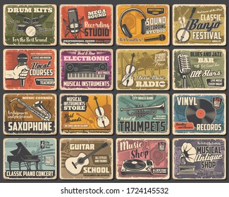 Music instruments shop, live concert and recording studio, vector retro posters. Classic music radio, guitar store, jazz fest saxophone and piano school, singer vocals courses and blues bar