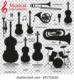 Music instruments.  Silhouette icons with reflection on transparent background. Vector illustration.