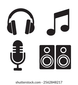 Music and instruments silhouette a microphone, a musical note, a speakers, and a headphones icons set illustration vector design.