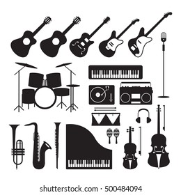 Music Instruments Silhouette Objects Set, Black and White Symbol and Icons Vector