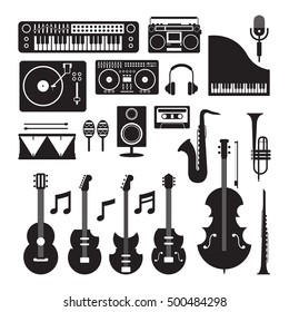 Music Instruments Silhouette Objects Set, Black and White Symbol and Icons Vector