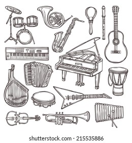 Music instruments sketch icon set with drum violin guitar isolated vector illustration