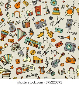 Music instruments sketch, seamless pattern for your design. Vector illustration