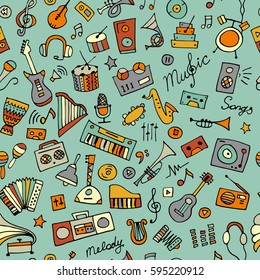 Music instruments sketch, seamless pattern for your design. Vector illustration