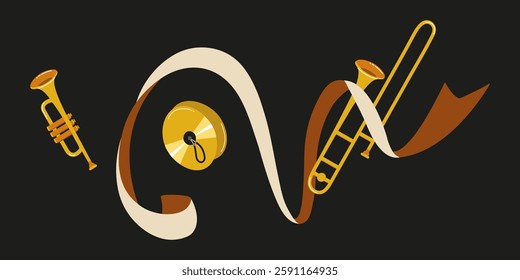 Music instruments swirl together in creative arrangement with vibrant colors and shapes