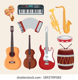 Diseño de conjunto de símbolos de instrumentos musicales, melodía sonora y tema musical Ilustración vectorial