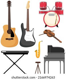 Music instruments symbol set design, Sound melody and song theme, equipment for musicians rock band guitar, drum set, violin, grand piano, piano, saxophone to play jazz tunes or orchestra composition