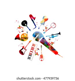 Music instruments template vector illustration, colorful guitar, microphone, piano keyboard, french horn, saxophone, trumpet, violoncello, contrabass, banjo, traditional Portuguese guitar, bouzouki