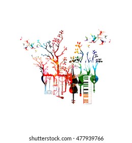 Music instruments template vector illustration, colorful guitar, microphone, piano keyboard, saxophone, trumpet, violoncello, contrabass, banjo, traditional Portuguese guitar, mandolin, music stand