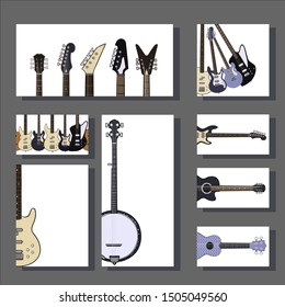 Music instruments templates for poster design, announcements, greeting cards, posters, advertisement, business card. Electric guitars, acoustic guitars, bass guitar, banjo.