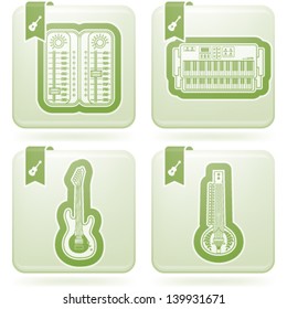 Music and music instruments theme, from left to right, top to bottom:   Mixing console, Electronic organs, Electric guitar, Sitar.