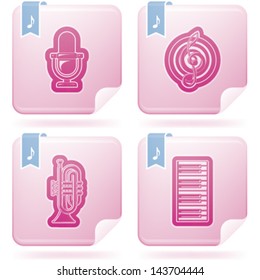 Music and music instruments theme, pictured here from left to right, top to bottom:  Microphone, Clef, Trumpet, Piano keys.