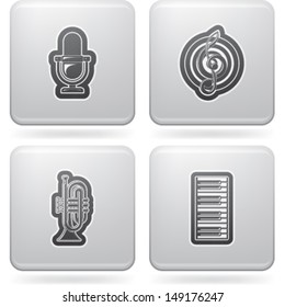 Music and music instruments theme, pictured here from left to right, top to bottom:  Microphone, Clef, Trumpet, Piano keys. 