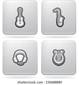Music and music instruments theme, pictured here from left to right, top to bottom:  Classic Guitar, Saxophone, Headphones, Lyra. 