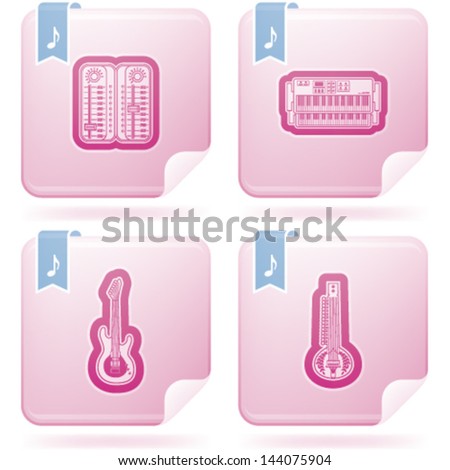 Music and music instruments theme, pictured here from left to right, top to bottom:  Mixing console, Electronic organs, Electric guitar, Sitar.