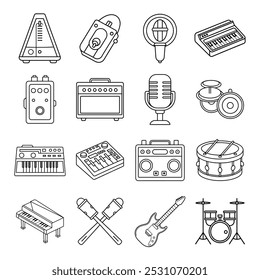 instrumentos de música ícones de linha fina ilustração vetorial