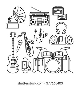 Music and music instruments thin line icons. Black contour music instruments like gramophone, player, drums, guitar and saxophone. Vector illustration