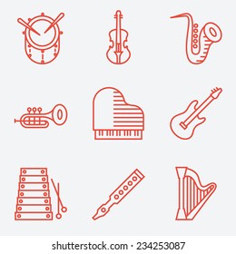 Music instruments, thin line style, modern flat design