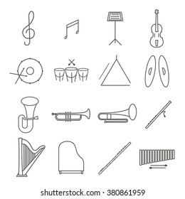 music instruments thin line vector icon set. violin, piano, drum, harp, trumpet