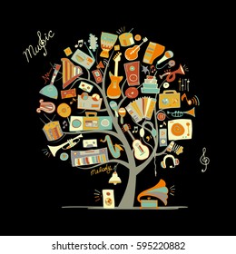 Music instruments tree, sketch for your design. Vector illustration