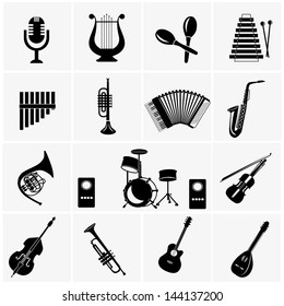 Music instruments . vector black music icons set on gray