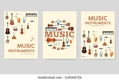 Music instruments  vector brochure cards set.  Audio tools template of flyear, magazines, poster, book cover, banners. Concert invitation concept background. Layout illustration modern page 