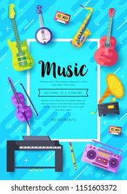 Music instruments  vector brochure cards set.  Audio tools template of flyear, magazines, poster, book cover, banners. Concert invitation concept background. Layout illustration modern page 