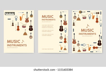 Music instruments  vector brochure cards set.  Audio tools template of flyear, magazines, poster, book cover, banners. Concert invitation concept background. Layout illustration modern page 
