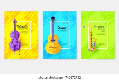 Music instruments vector cards set. Audio tools template of flyer, magazines, poster, book cover, ottoman motifs, element, banners. Layout illustration. Vector greeting card.