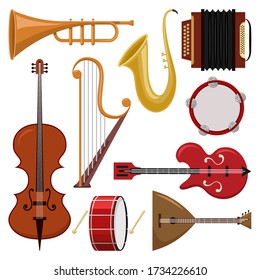 Music instruments vector cartoon set isolated on a white background.